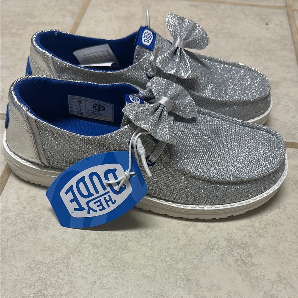 Hey Dude Silver Moccasins with Glitter Finish size 8 women’s